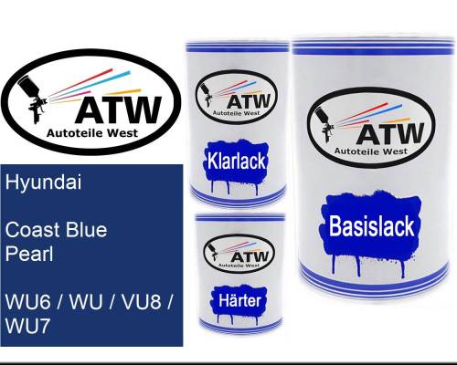 Hyundai, Coast Blue Pearl, WU6 / WU / VU8 / WU7: 500ml Lackdose + 500ml Klarlack + 250ml Härter - Set, von ATW Autoteile West.